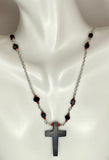 Sterling Silver Genuine Azabache Jet & Red Coral Beads and Azabache Jet Cross Rolo Link 18" Necklace