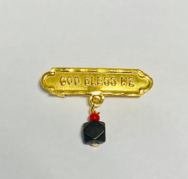 14Kt Yellow Gold "God Bless Me" with Genuine Azabache & Coral Baby Pin