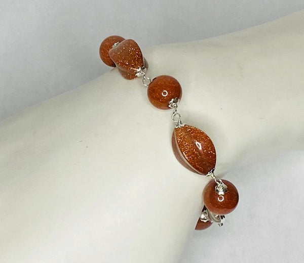 Sterling Silver 10mm Fancy Venturina Goldstone 8" Bracelet