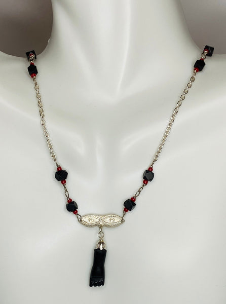 Sterling Silver Genuine Azabache Jet & Red Coral Beads Mano Figa Hand and Saint Lucia Eyes Rolo Link 18" Necklace