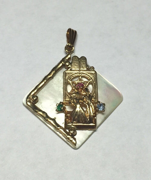 Vintage 14KT Mother-of-Pearl & Gemstones Hebrew Wedding Pendant