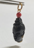 Vintage 1960's New Old Stock 14K Gold Filled Straight Hair Blackamoor & 4mm Red Coral Bead Pendant