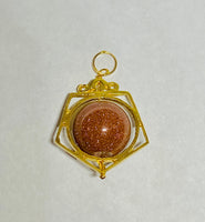 Vintage NOS 1960's 14K Goldstone Venturina 12mm Bead Pentagon Shape Spinner Pendant