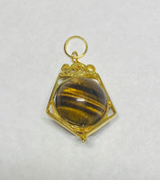 Vintage NOS 1960's 14K Genuine Tiger's Eye 10mm Bead Pentagon Shape Spinner Pendant