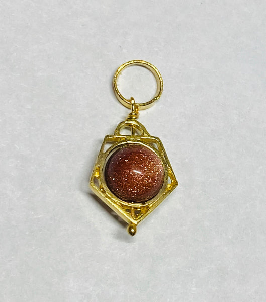 Vintage 1960's NOS 14K Yellow Gold Goldstone Venturina 6mm Bead Pentagon Shape Spinner Pendant