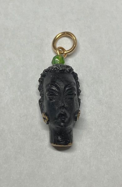 Vintage 1960's New Old Stock 14K Gold Filled Curly Hair Blackamoor & Green Jade Pendant