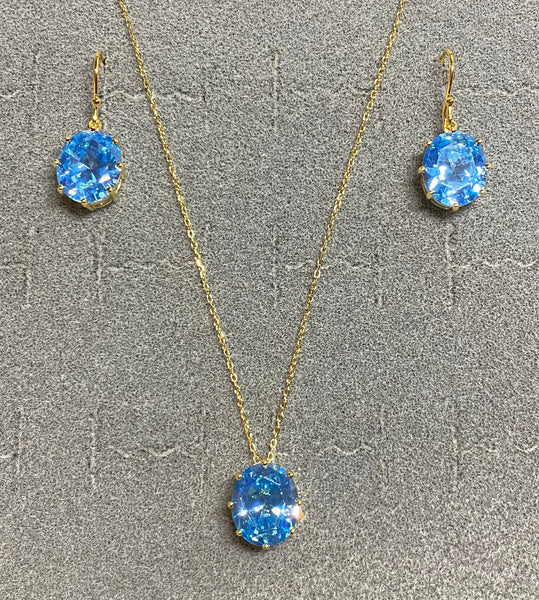 18K Yellow Gold-plated Sterling Silver Blue Topaz Cubic Zirconia Necklace and Earrings Birthstone Set