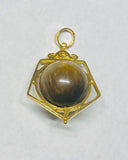 NOS 14K Yellow Gold Genuine Tiger's Eye 12mm Bead Pentagon Shape Spinner Pendant