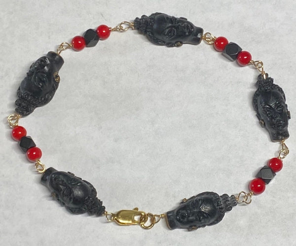 Vintage 1960's Blackamoor & Genuine Azabache Jet and Faux Coral Gold Filled Bracelet