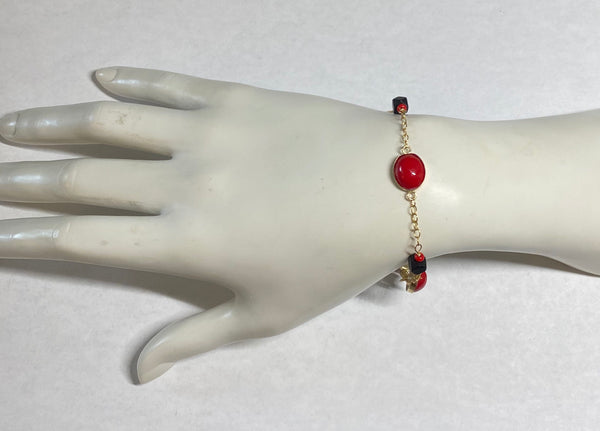 Vintage 1960's Genuine Azabache Jet and Faux Coral Gold Filled Bracelet