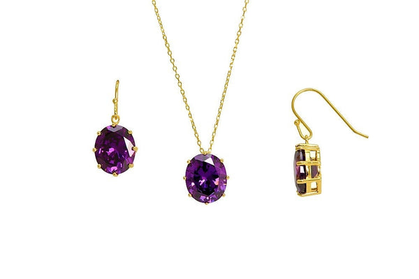 18K Yellow Gold-plated Sterling Silver Amethyst Cubic Zirconia Necklace and Earrings Birthstone Set