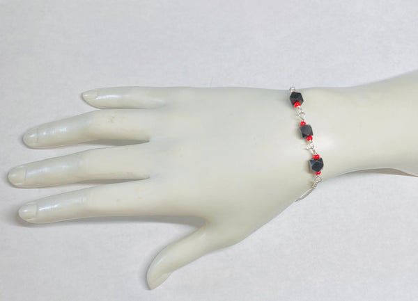 Sterling Silver Cable Link Bracelet or Anklet with (3) 6mm Azabache Jet and Coral Beads