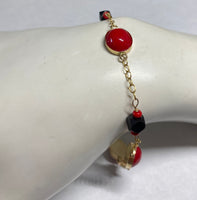 Vintage 1960's Genuine Azabache Jet and Faux Coral Gold Filled Bracelet