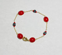 Vintage 1960's Genuine Azabache Jet and Faux Coral Gold Filled Bracelet