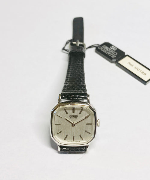 NOS 1982 Seiko Ladies Black Leather Watch with Silver Dial