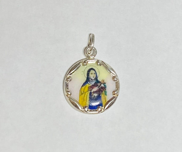 Sterling Silver Enameled Saint Therese of Lisieux (Little Flower) "Sancta Teresita" 13mm (0.50") Medal