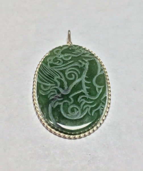 Vintage 1960's Sterling Silver & Genuine Hand Carved Jade Pendant