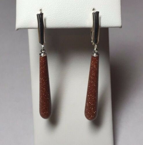 Sterling Silver 1.40" Fancy Goldstone Venturina Drop Leverback Earrings