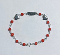 Sterling Silver Simulated Red Coral Oval ID Plaque and Heart 6" Baby Bracelet