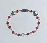 Sterling Silver Simulated Red Coral Oval ID Plaque and Heart 6" Baby Bracelet