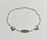 Sterling Silver Freshwater Pearl Oval ID Plaque and Heart 6" Baby Bracelet