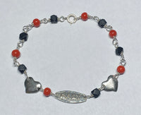 Sterling Silver Genuine 4mm Azabache Jet & Simulated Coral Baby Oval Plaque and Heart 6" Bracelet