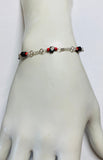 Sterling Silver Genuine 4mm Azabache Jet and Coral Miraculous Virgin Mary Medal & Crucifix 7" Rolo Link Bracelet