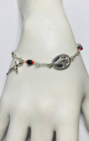 Sterling Silver Genuine 4mm Azabache Jet and Coral Miraculous Virgin Mary Medal & Crucifix 7" Rolo Link Bracelet