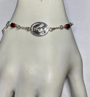 Sterling Silver Genuine 4mm Azabache Jet and Coral Miraculous Virgin Mary Medal & Crucifix 7" Rolo Link Bracelet