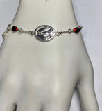 Sterling Silver Genuine 4mm Azabache Jet and Coral Miraculous Virgin Mary Medal & Crucifix 7" Rolo Link Bracelet