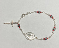 Sterling Silver Genuine 4mm Azabache Jet and Coral Miraculous Virgin Mary Medal & Crucifix 7" Rolo Link Bracelet