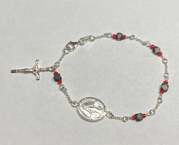 Sterling Silver Genuine 4mm Azabache Jet and Coral Miraculous Virgin Mary Medal & Crucifix 7" Rolo Link Bracelet