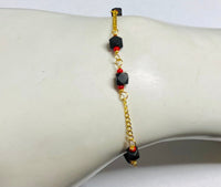 14 Karat Yellow Gold Genuine 4mm Azabache Jet & Coral 6" Curb Link Baby/Kid's Bracelet