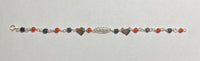 Sterling Silver Genuine 4mm Azabache Jet & Simulated Coral Baby Oval Plaque and Heart 6" Bracelet