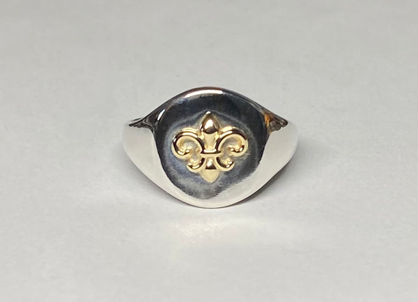 Sterling Silver & 14K Fleur-De-Lis Emblem Ladies Signet Ring