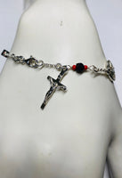 Sterling Silver Genuine 4mm Azabache Jet and Coral Miraculous Virgin Mary Medal & Crucifix 7" Rolo Link Bracelet