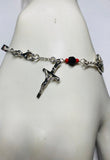 Sterling Silver Genuine 4mm Azabache Jet and Coral Miraculous Virgin Mary Medal & Crucifix 7" Rolo Link Bracelet