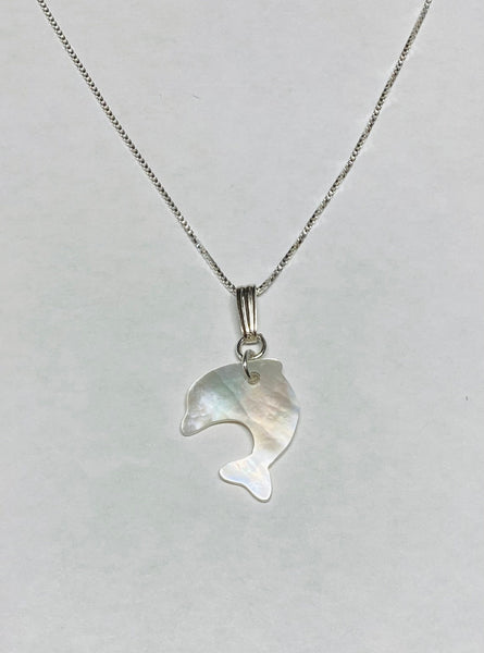 Sterling Silver & Genuine Mother-of-Pearl Dolphin Pendant with 18" Box Chain