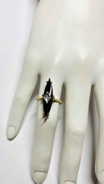 10K Yellow Gold Genuine Marquise-cut Black Onyx and White Gold Genuine Diamond Rhomboid Trim Ladies Solitaire Ring