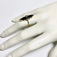 10K Yellow Gold Genuine Marquise-cut Black Onyx and White Gold Genuine Diamond Rhomboid Trim Ladies Solitaire Ring