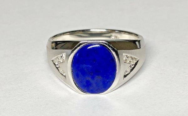 Sterling Silver Buff Top 11 x 9mm Genuine Blue Lapis Lazuli & Diamond Man's Ring