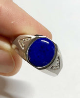 Sterling Silver Buff Top 11 x 9mm Genuine Blue Lapis Lazuli & Diamond Man's Ring