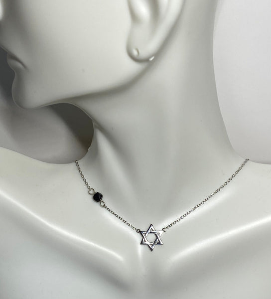 Sterling Silver and Genuine 4mm Azabache Jet Black & Star of David 16"-17" Necklace