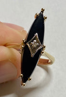 10K Yellow Gold Genuine Marquise-cut Black Onyx and White Gold Genuine Diamond Rhomboid Trim Ladies Solitaire Ring