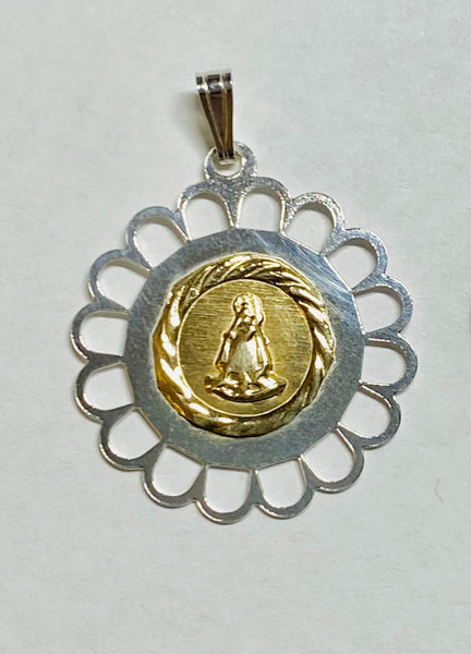 Sterling Silver and 14 Karat Yellow Gold Our Lady of Charity "Caridad del Cobre" Filigree Scalloped Medal