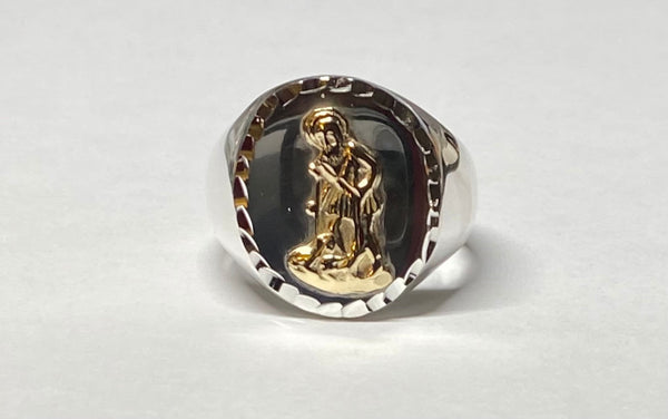 Sterling Silver and 14 Karat Yellow Gold Saint Lazarus "San Lazaro" Man's Signet Ring