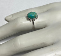 Vintage NOS 1970's Silver 9 x 7mm Oval Turquoise & Genuine Diamond Ladies Ring