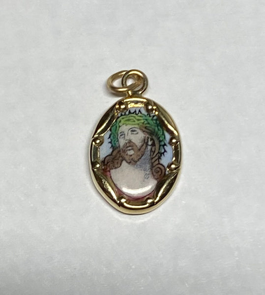 Vintage NOS 10K Yellow Gold Enameled Ecce Homo "Grand Poder de Jesus" 13mm x 10mm Oval Medal