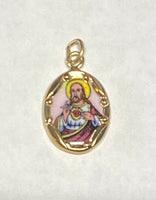 Vintage NOS 10K Yellow Gold Enameled Sacred Heart of Jesus "Sagrado Corazon de Jesus" 13mm x 10mm Oval Medal