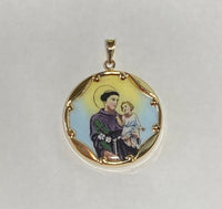 Vintage NOS 10KT Yellow Gold Enameled Saint Anthony & Sacred Heart of Jesus Scapular 23.7mm Medal